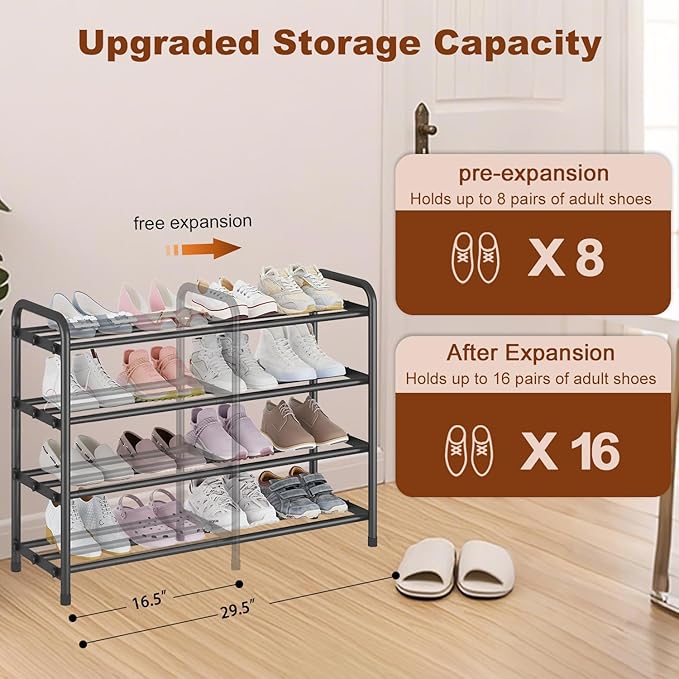 KANAV 4-Tier Expandable Shoe Rack – Adjustable Shoe Organizer & Shoe Storage for Closet, Entryway, and Front Door – Space-Saving Shoe Shelf and Rack Organizer for Home - Black-NeatNest