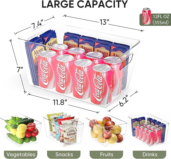BALEINE Clear Plastic Storage Bins, Pantry Organization, BPA Free Stackable Refrigerator Organizers and Storage with Handles for Kitchen Fridge Cabinet Bathroom (4PK, 13x7.4x6.2)-NeatNest