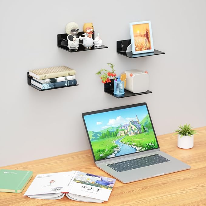 9 Inch Black Wall Shelves 4 Pack, Acrylic Wall Mounting Ledges Display, Acrylic Display Wall Shelf for Funko Pop Figures, Collectibles, Plants, Décor, Toiletries, Spices Jars, 4 Pack-NeatNest