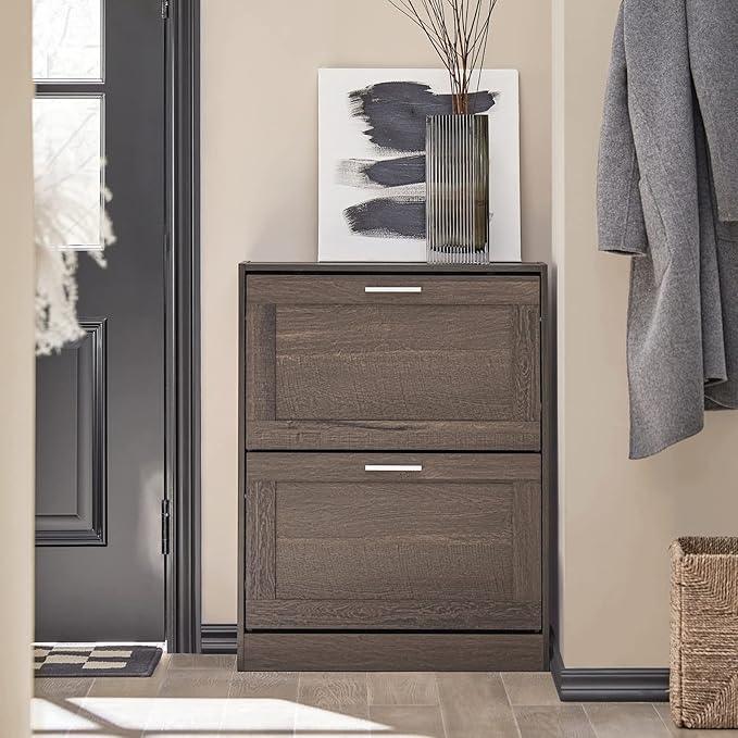 Haotian Small Shoe Storage Cabinet, Slim Shoe Rack Entryway, Narrow Shoe Organizer 2 Flip-Drawers for Front Door Entrance Hallway, Brown, FSR137-BR-NeatNest