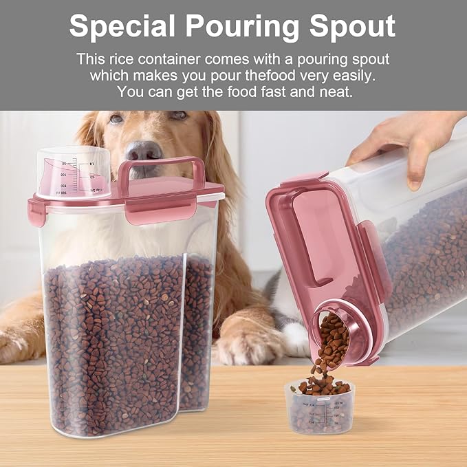 5-7Lbs Dog Cat Food Storage Container with Upgraded Large Nozzle BPA-free, 4 Snap Seals Plastic Pet Food Storage Containers with Handles (1, Clear Pink, 5L)-NeatNest