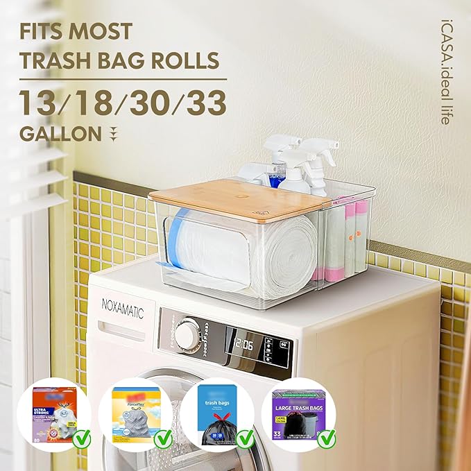 Trash Bag Dispenser Holder - 2 in 1 Clear Acrylic Plastic Garbage Bags Container With Bamboo Lid Storage Box for Kitchen Pantry Laundry Room Organization, Large Trash Bag Organizer Under Sink-NeatNest