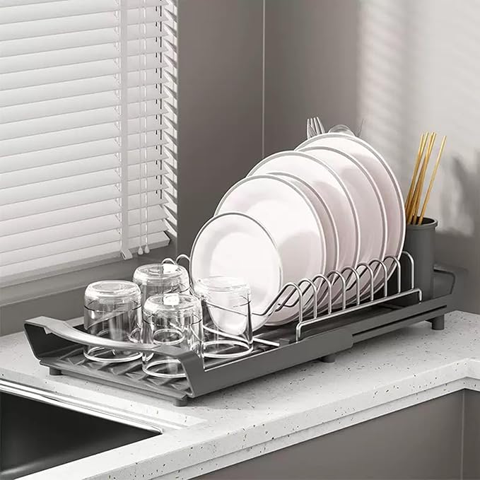 Expandable Dish Drying Rack for Sink or Countertop – Compact Stainless Steel Dish Drainer with Removable Utensil Holder, Rustproof Plate Rack for Small Kitchen Spaces, Grey