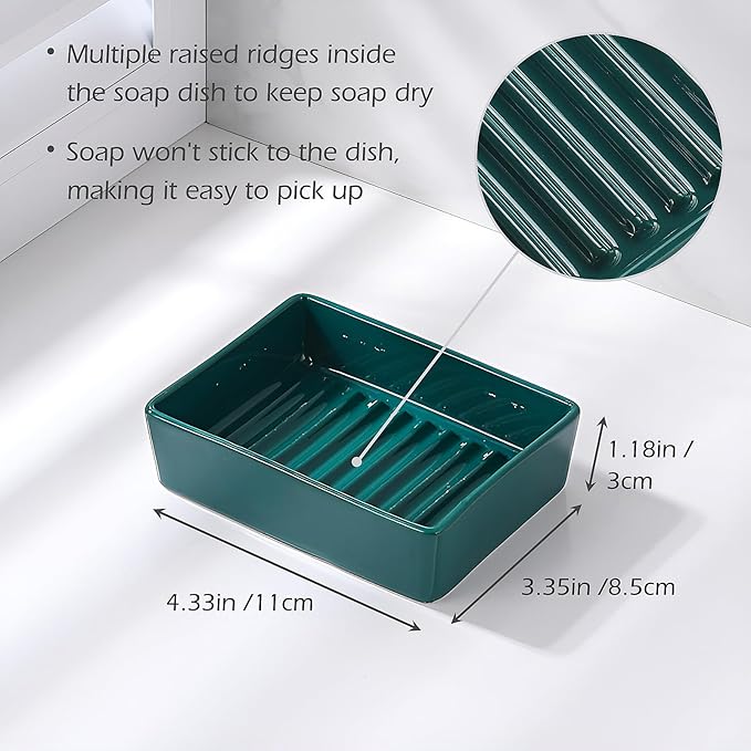 Green Soap Dish，Ceramic Soap Dishes for Sink Bathroom Shower Kitchen, Easy to Clean Keeps Soap Dry, Multi-Purpose Non-Slip Soap Tray (Dark Green)-NeatNest