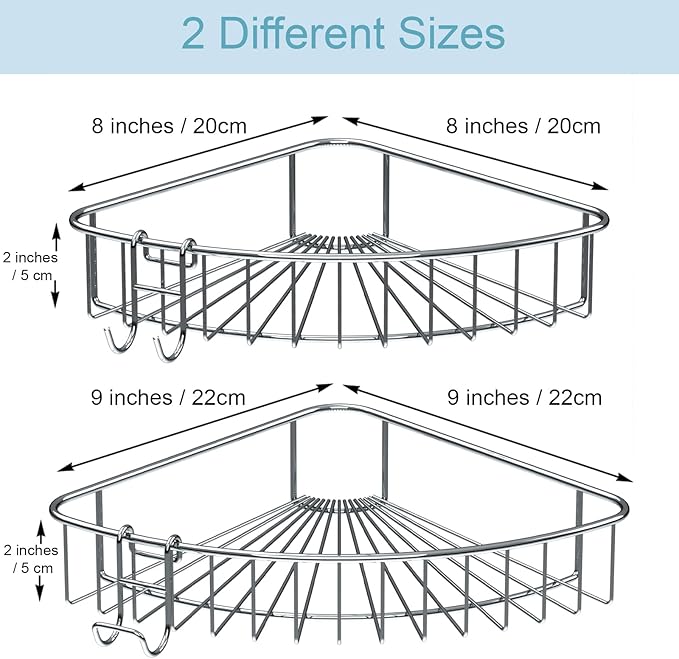 Shower Shelf for inside Shower, Shower Shelf Corner, Shower Corner Caddy, Adhesive Shower Caddy, Shower Wall Caddy, Stainless Steel Shower Caddy Suction No Drill 2 Pack Silver
