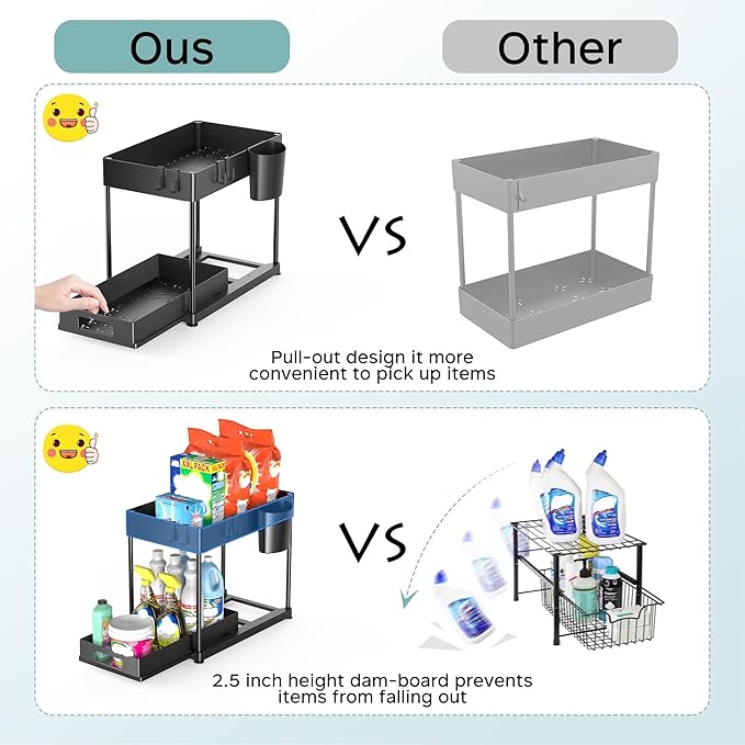 Under Sink Organizers and Storage, 2 Pack Large Capacity Heavy Load Pull-out Under Sink Shelves with Sliding Drawer for Kitchen and Bathroom, Black, 12 x 8.7 x 15.7 inch-NeatNest
