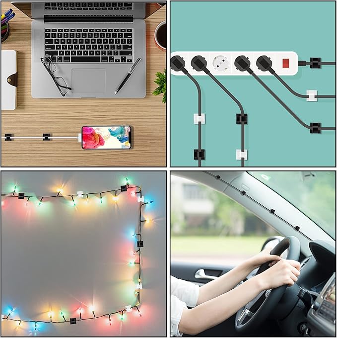 100 Pcs Cable Clips, Adhesive Cable Organizer Cord Holder Wire Clip Wire Management Self Adhesive Hooks Wire Holder for Office, Home (Black and White)-NeatNest