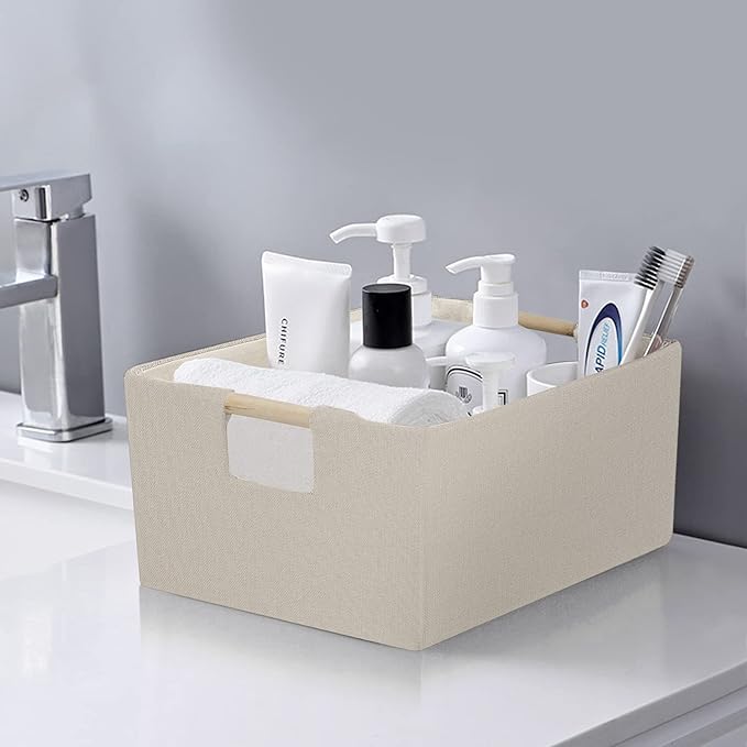 ANMINY 4PCS Storage Baskets for Organizing Collapsible Fabric Storage Bins Boxes with Wood Handles Closet Shelves Cube Organizer Bins Clothes Laundry Storage Container - Small, Beige-NeatNest
