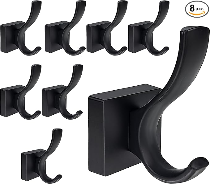 8 Pack Towel Holder for Bathroom Wall Hooks, Bath Towel Rack Shower Towel Holder, Robe Hook Heavy Duty Coat Hooks Entryway Wall Mounted for Hanging Key Robe Hat Backpack (Black)