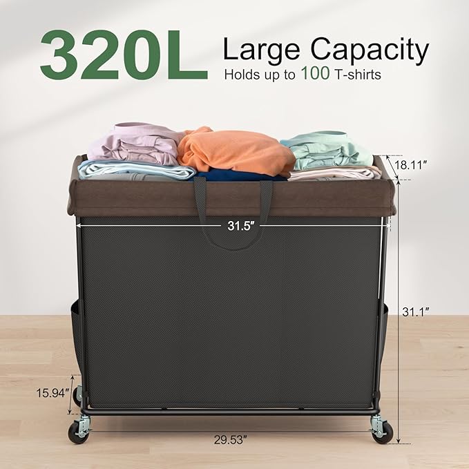 320L Laundry Hamper with Wheels, 3 Section Large Rolling Laundry Basket Bag with Wheels, Clothes Hamper Cart for Laundry, Bedroom, Bathroom and Dorm
