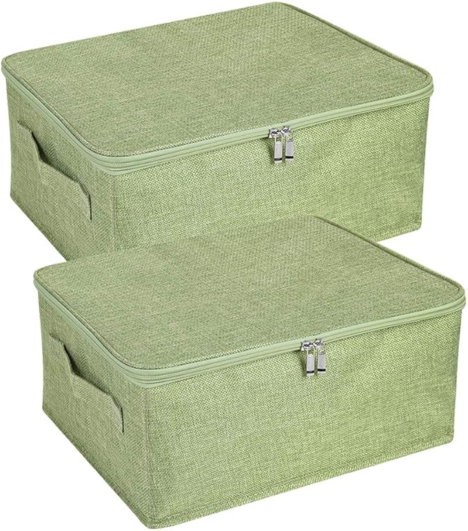 ANMINY 2PCS Storage Bins with Zipper Lids 13 Qt Lidded Fabric Storage Boxes Baskets Cubes with Handles Collapsible Washable Cotton Linen Closet Shelf Clothes Organizer Containers - Green, Small-NeatNest