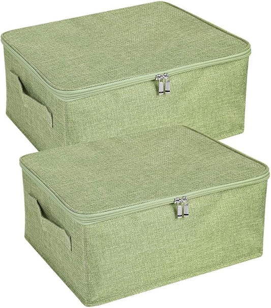 ANMINY 2PCS Storage Bins with Zipper Lids 13 Qt Lidded Fabric Storage Boxes Baskets Cubes with Handles Collapsible Washable Cotton Linen Closet Shelf Clothes Organizer Containers - Green, Small-NeatNest