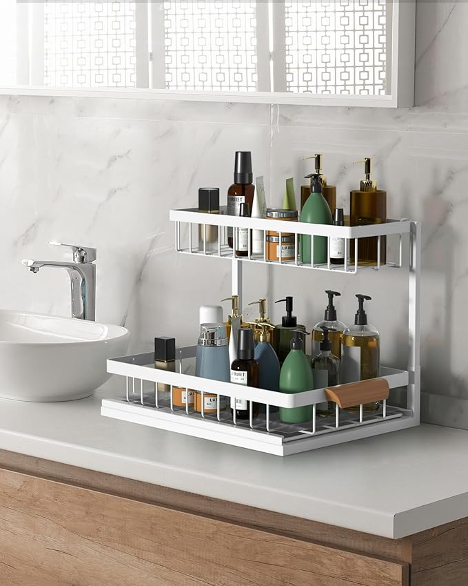 2 Pack Under Sink Organizer,Metal Pull Out Kitchen Cabinet Organizer with Sliding Drawer,Sturdy Multi-functional for Bathroom Organization,White-NeatNest