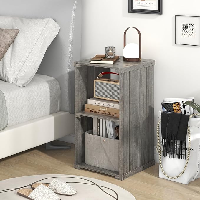 Giantex 2-Cube Bookcase Set of 2, 3-Tier Paulownia Wood Cubic Organizer w/Open Back, Freestanding Cubby Storage Shelf, Slatted Wooden End Table, Farmhouse Style Bookcase for Living Room, Bedroom