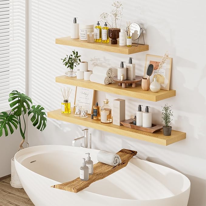 Heimlove 48W x 12D Long Floating Shelf, 12 Inch Deep Floating Shelves for Wall Set of 2, Wood Shelves for Bedroom Living Room Bathroom Kitchen Home Office, Wall Shelves with Heavy Duty Bracket, Oak-NeatNest