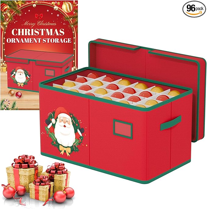 Christmas Ornament Storage Box Red Christmas Decoration Storage Containers 600D Oxford fabric Ornament Organizer Storage Box Fit 96 3 inch Holiday Ornaments Christmas Decor Storage Container-NeatNest