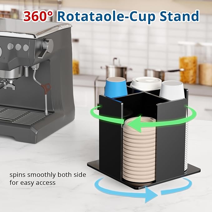 Cup and Lid Holder, 4 Compartment, Square | Rotating Coffee Cup Dispenser Lid Carousel for Restaurant, Buffet, Coffee Station, Bar, Countertop, Black Acrylic-NeatNest