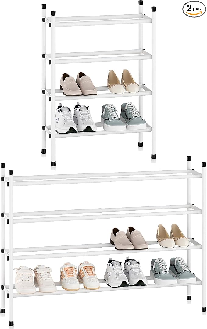 STORAGE MANIAC Expandable Shoe Rack, 16 Pairs Stackable Small Shoe Rack, Metal Adjustable Shoes Organizer for Closet, Entryway, Hallway, Garage, Front Door, Shoes Shelves, White 4 Tier-NeatNest