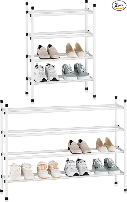 STORAGE MANIAC Expandable Shoe Rack, 16 Pairs Stackable Small Shoe Rack, Metal Adjustable Shoes Organizer for Closet, Entryway, Hallway, Garage, Front Door, Shoes Shelves, White 4 Tier-NeatNest