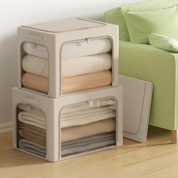 3Pack Clothes Storage Bins - Oxford Frame Storage Box Foldable Stackable Storage Organizer with 3 Openings Design, Metal Frame, Clear Window, Carry Handles (Beige, 100L-23.6 * 16.5 * 15.7in)-NeatNest