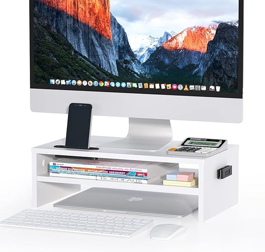 BONTEC Wooden Monitor Stand Riser, 2-Tier Desk Shelf with Storage Organizer, Ergonomic Computer Stand with Cable Management, Cellphone Holder, White, 16.5 Inch-NeatNest