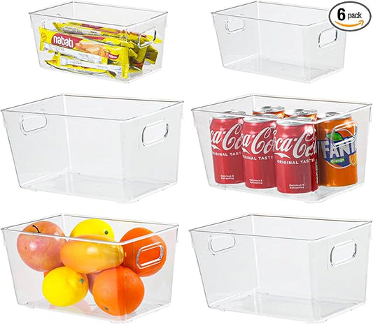 6pcs Plastic Storage Bin 2-Size Clear Storage Containers for Kitchen Pantry Organization and Storage Bins, Organizing Bins with Built in Handles, Cabinet Organizers, Clear