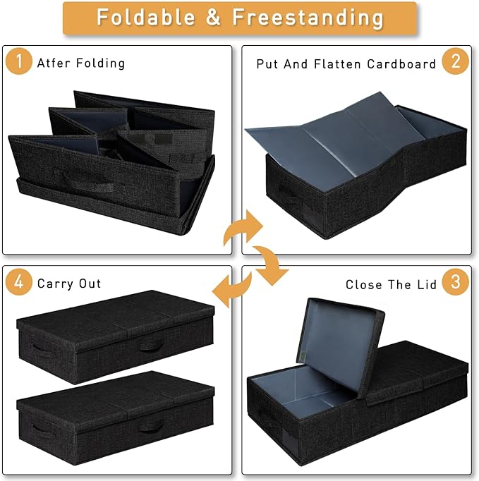 punemi Under Bed Storage Containers, Set of 2 Low Profile Under Crib Storage Bins With Lid, Large Sturdy Under Bed Clothes Drawer Organizers Box for Dorm Room Couch Closet Basement, Black-NeatNest
