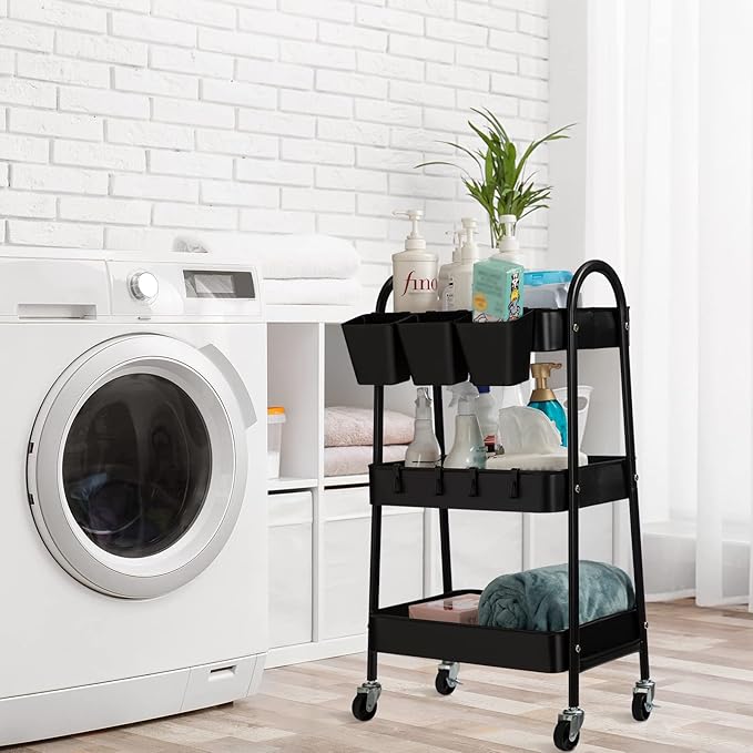 danpinera 3-Tier Rolling Cart, Metal Rolling Storage Cart with Lockable Wheels & Hanging Cups & Hooks, Mobile Trolley Cart for Kitchen, Bathroom, Office, Workshop, Black-NeatNest
