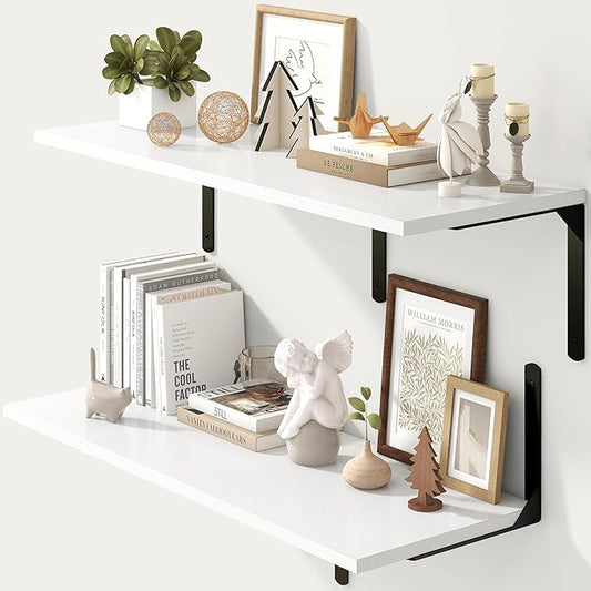 Fun Memories Floating Shelves for Wall, 12 Inch Deep Floating Shelves Set of 2, Wall Mounted Shelf with Metal Brackets, Rustic Wood Wide Shelf for Bathroom, Kitchen and Living Room, White, 36W x 12D-NeatNest