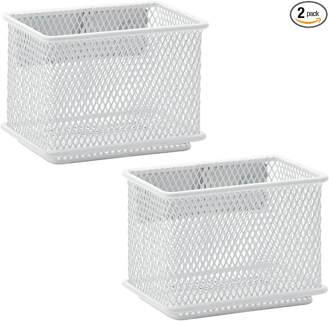 dedoot 2 Pack Pen Holder, 3.45x2.3x2.6inch Magnetic Basket Locker Organizer Metal Mesh Pencil Memo Holder for Whiteboard, Fridge, Desk, Offices,White-NeatNest