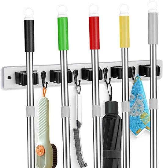 Broom Holder Wall Mount With 5 Slots & 4 Hooks，Rustic Wood Broom & Mop Hanger，Wall Mounted Garden & Garage Tool Storage Organizer Rack for Closet Laundry Room or Kitchen Wall Decor White-NeatNest
