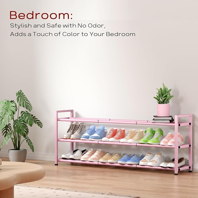 Bumusty 3-Tier Long Expandable Shoe Rack for Closet, 18"-44" Adjustable Shoe Rack for Entryway, 15-18 Pairs Large Shoe Organizer Shelf Storage, Sturdy Metal, Pink-NeatNest
