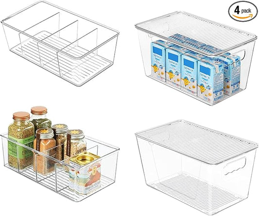 4 Pack Clear Plastic Storage Bins Snack Organizers with Lids Handle for Home Organization Kitchen Cabinet Fridge Laundry Room Office Closet Garage Freezer-NeatNest