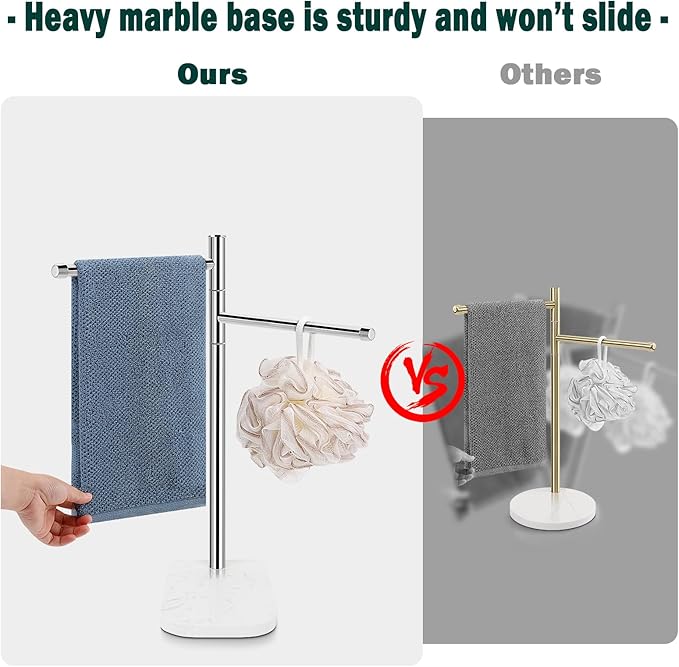 Hand Towel Holder, F-Shape Hand Towel Stand with Marble Base, Stainless Steel Swivel Hand Towel Rack Bar Standing for Bathroom Kitchen Countertop, 2 Arms (Chrome Finish)