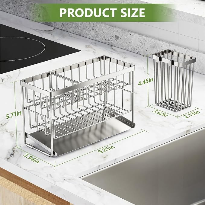 Cisily Silver 2-Tier Kitchen Sink Caddy Organzier Rack with Flexible Dish Brush Holder, Sponge Holder for Kitchen Sink Countertop Organization Storage,Home Decor Stainless Steel-NeatNest