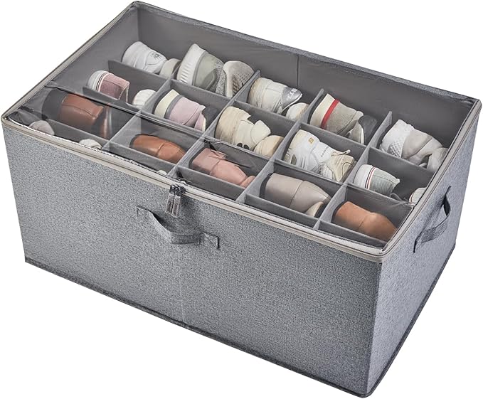 Shoe Storage Organizer for Closet, Shoe Box Organizer, Space Saving Foldable Shoe Rack, Shoe Storage Cabinet with Clear Cover and Reinforced Handles, Fits 20 Pairs, Grey-NeatNest