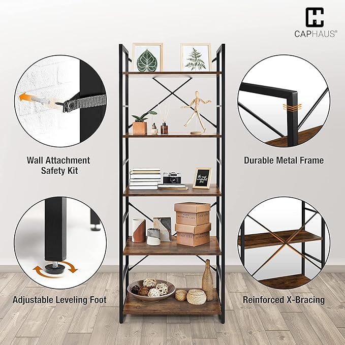 CAPHAUS 6 Tier Bookshelf, 24 Inch Width Free Standing Shelf, Bookcase Shelf Storage Organizer, Industrial Book Shelves for Home Office, Living Room, Kitchen, Rustic Oak Vintage Shelves & Metal Frame-NeatNest