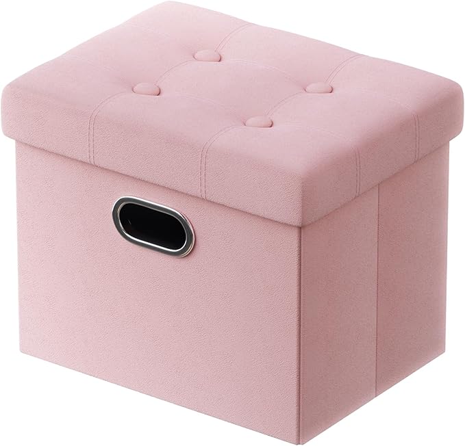 PRANDOM Ottoman with Storage [1-Pack] Velvet Folding Small Square Foot Stool with Lid for Living Room Bedroom Coffee Table Dorm Pink 17x13x13 inches-NeatNest