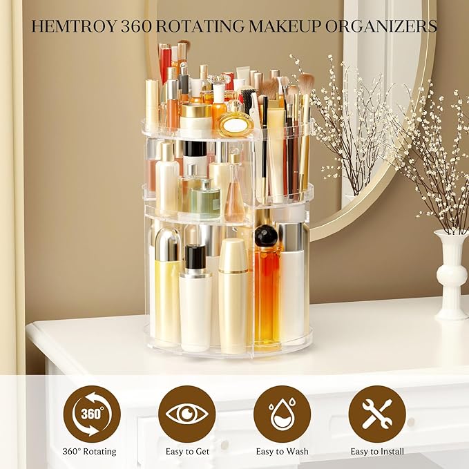 Makeup Organizer 360 rotating, Adjustable Skincare Organizer with Brush Holder, Cosmetics Display Cases for Vanity Bathroom Countertop Large Capacity Carousel Make up Caddy Shelf (Transparent)-NeatNest