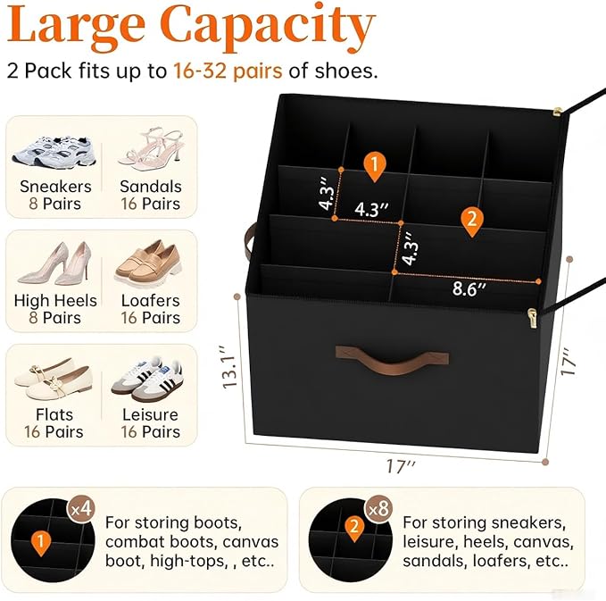 3 Pack Shoe Organizer for Closet, Foldable Shoe Storage Containers, Fits up to 24-48 Pairs, Shoe Storage Organizer Box Cubby Baskets Bins with Clear Cover and Reinforced Handles, Black-NeatNest