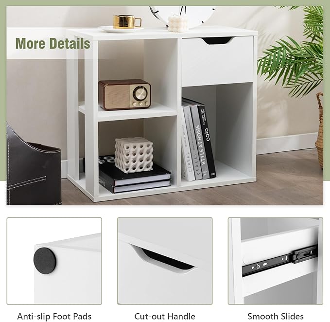 Giantex 3 Cube Bookcase with Drawer, 2 Tier Bookshelf for Small Space, Modern Freestanding Display Rack with Open Shelves, White Book Case, Wood Cube Storage Organizer Bedroom Living Room