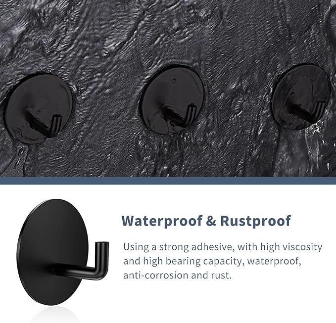 Adhesive Hooks Heavy Duty Waterproof in Shower Hooks for Hanging Loofah, Towels, Clothes, Robes for Bathroom Removable Adhesive Wall Hooks Door Hook Stainless Steel Black Stick on Hooks 4 Pcs