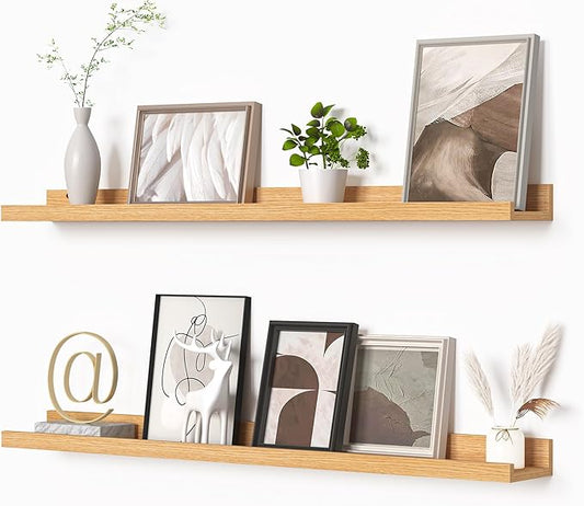 Heimlove Picture Ledge Shelf, Floating Shelves Set of 2, 36 Inches Picture Shelf for Wall with Ledge, Kids Bookshelf Wall Mounted for Living Room Bedroom Decor Books Photo Frames - Natural Oak-NeatNest