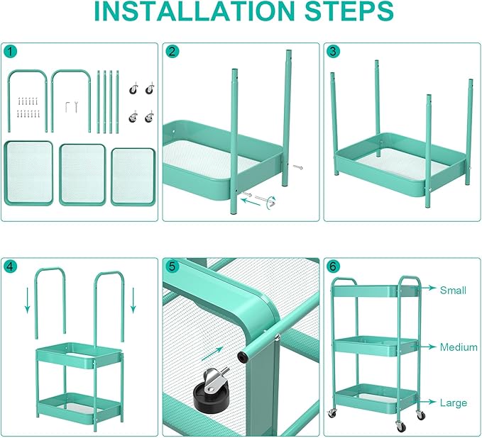 3-Tier Rolling Metal Storage Cart with Wheels, Multi-Functional Organizer for Office, Kitchen, Bathroom, Books Diapers - Easy Assembly (Blue)-NeatNest