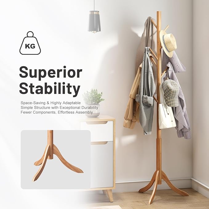 Coat Rack Freestanding, Bamboo Wood Coat Stand with 8 Hooks,3 Adjustable Size,Easy Assembly NO Tools Required, Coat Tree Hanger Stand for CoatsScarves in Hallway-NeatNest