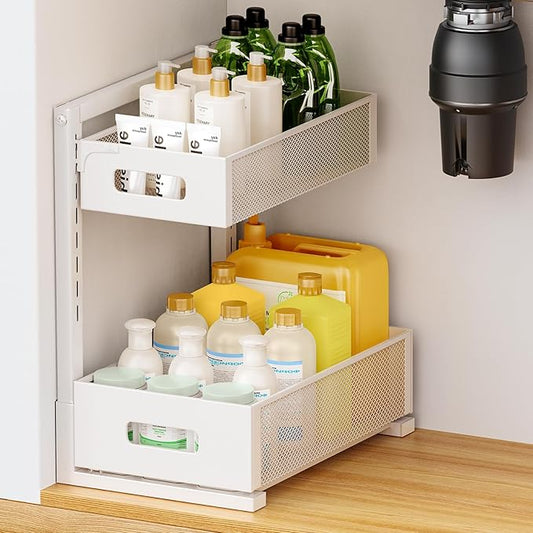Under Sink Organizer 2 Tier, Adjustable Height Under Sink Organizers and Storage, Smooth & Silent Sliding Out Metal Drawer for Kitchen Bathroom Pantry Cabinet Closet (White, 1 Pack)-NeatNest