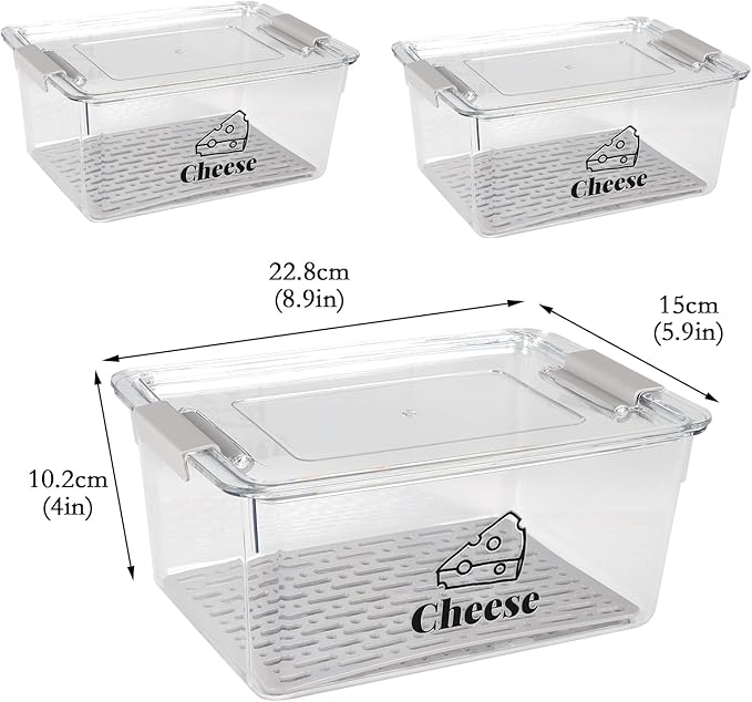 3 Pack Cheese Container Airtight with Draining Basket Cream Block Cheese Sliced Cheeses Box with Lid Saver for Fridge Deli Meat Storage Box,Cheeses Sliced,Grated,Cheddar Keeper