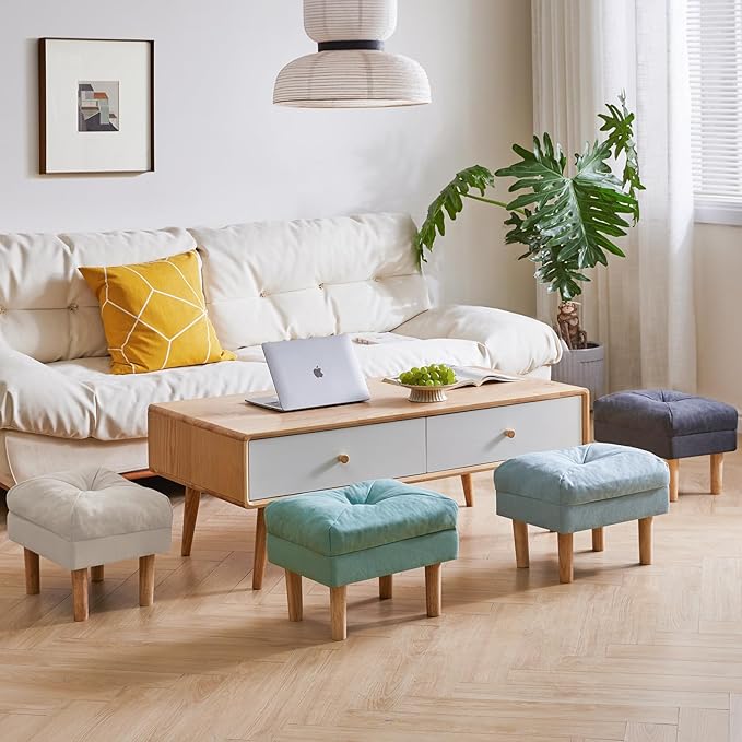 YMYNY 15.75" Small Footstool Ottoman, Footrest with Sponge Padded Seat, Step Stool for Sofa, Bedroom, Living Room, Entryway, Modern Change Shoes Stool, Wood Legs, Greenish Blue, UHBD023T