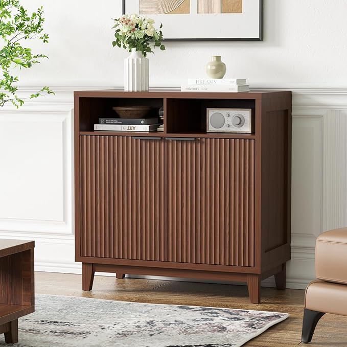 Buffet Cabinet with Storage - Elegant Fluted Storage Cabinet with Adjustable Shelves and Solid Wood Leg, Modern Buffet Sideboard for Living Room, Dining Room, Entryway-NeatNest