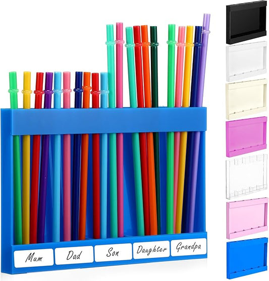 Acrylic Straw Holder for Cabinet Door with Double Sided Adhesive Tape Reusable Straw Organizer Tumbler Storage Kitchen Accessories Container for Counter Cupboard(Classic,Large,Blue)
